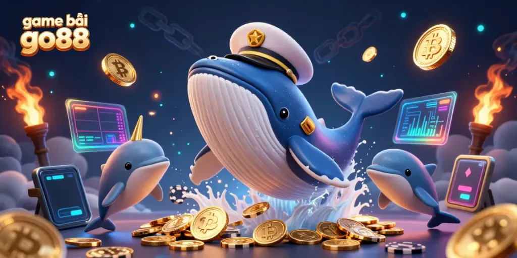 Play thrilling games like game bài go88 in a vibrant 3D underwater scene with whales and poker chips.