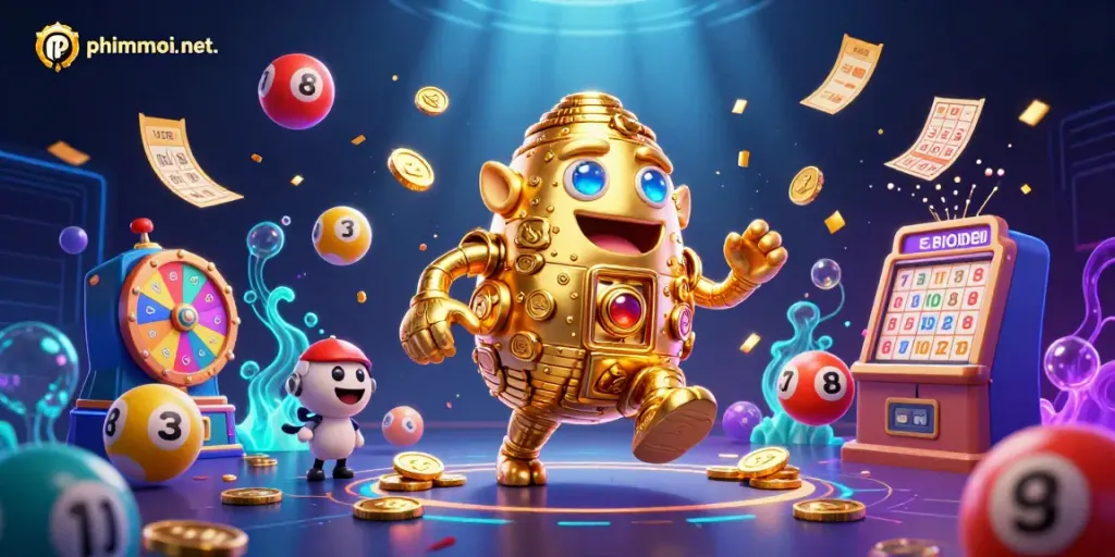 Experience thrilling gameplay with phimmoi net., featuring a golden golem surrounded by dynamic lottery elements.