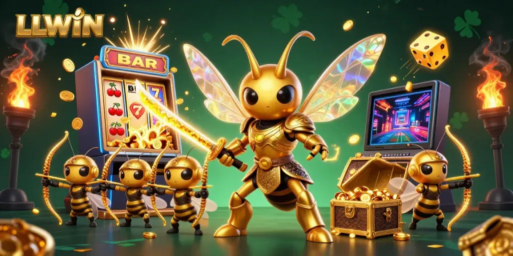 LLWIN creates the jackpot with a vibrant scene of a golden hornet and bee archers in a casino.