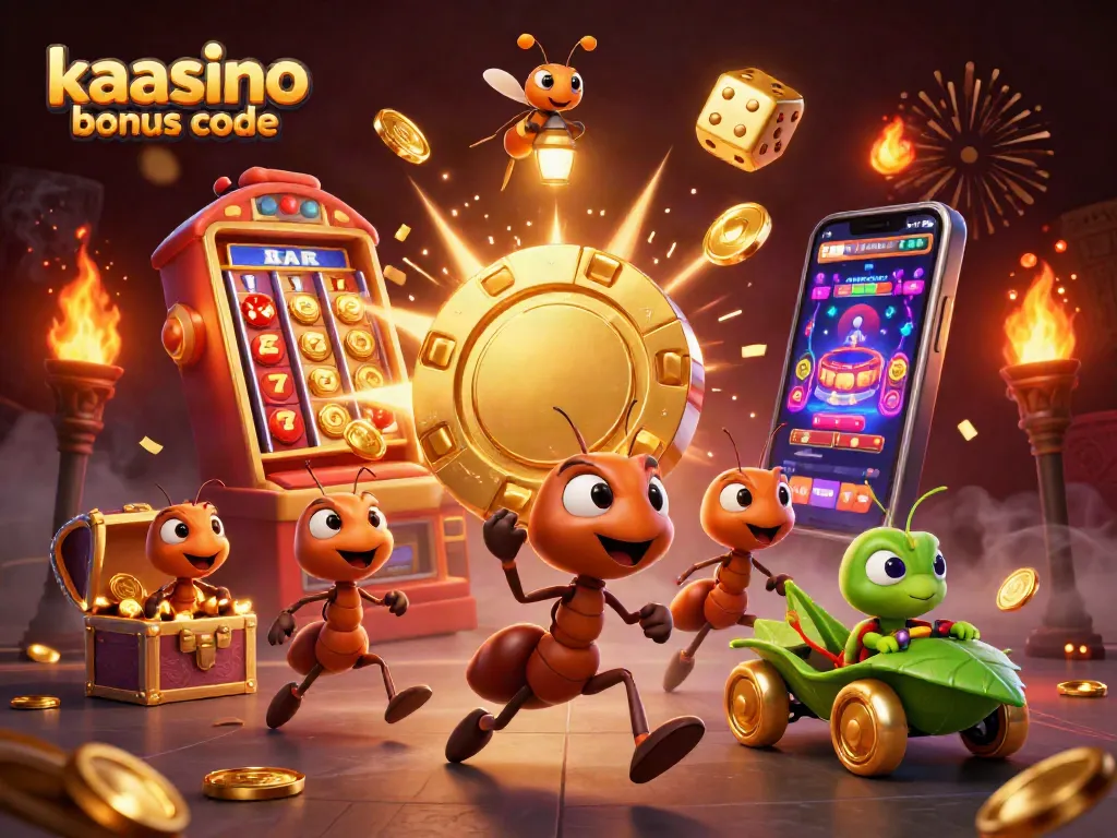Experience the excitement with kaasino bonus code amidst a vibrant casino heist scene featuring ants, a firefly, and a grasshopper.