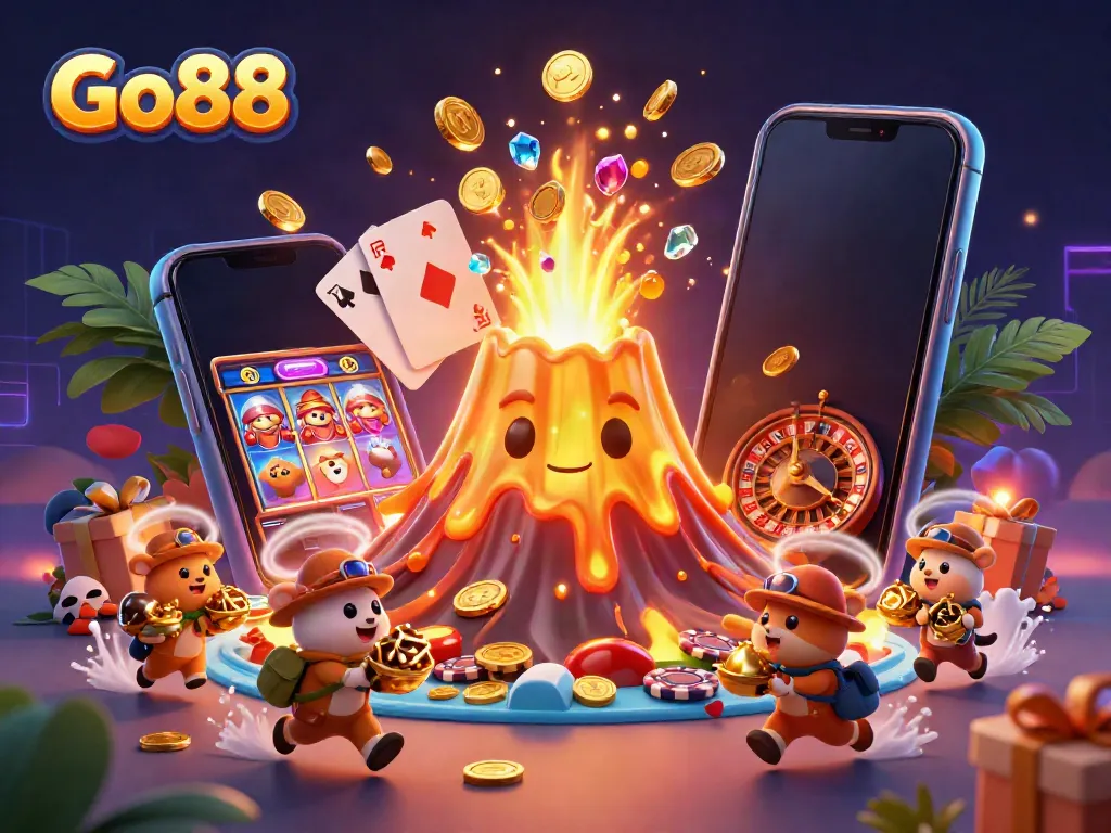 Experience the excitement of Go88 with a vibrant digital illustration of a volcano erupting coins and treasures.