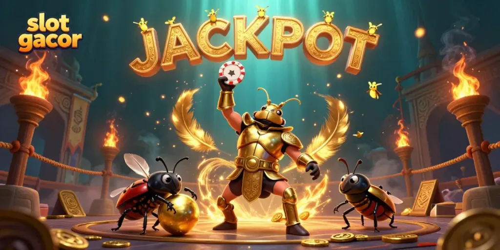 Experience the thrill of slot gacor with a beetle champion lifting a poker chip in victory amidst a vibrant casino scene.