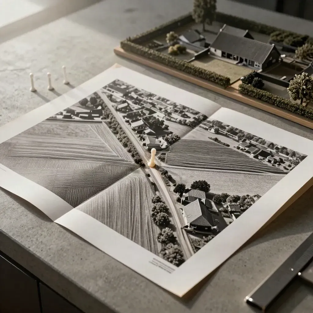 Luchtfoto-contactsheet, uitgeklapte perceelkaart en een klein erfmodel met grenspinnen.
