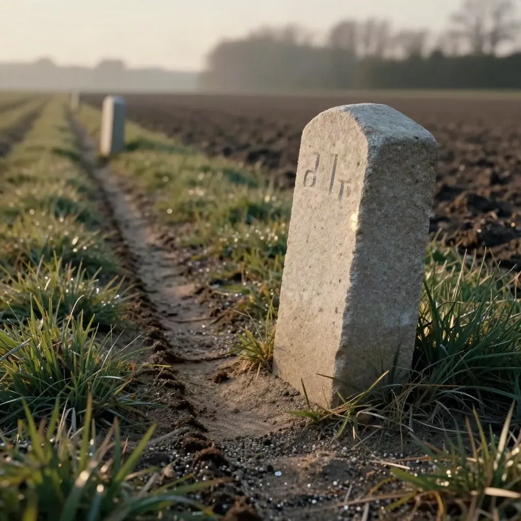 Close-up van een perceelrand met nieuwe markeersteen, gecorrigeerde grenslijn en strak gras bij avondlicht.
