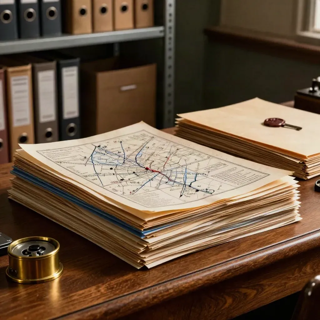 Dossiers met messing paperweight en blauwe indexstroken op een archiefwerkbank.