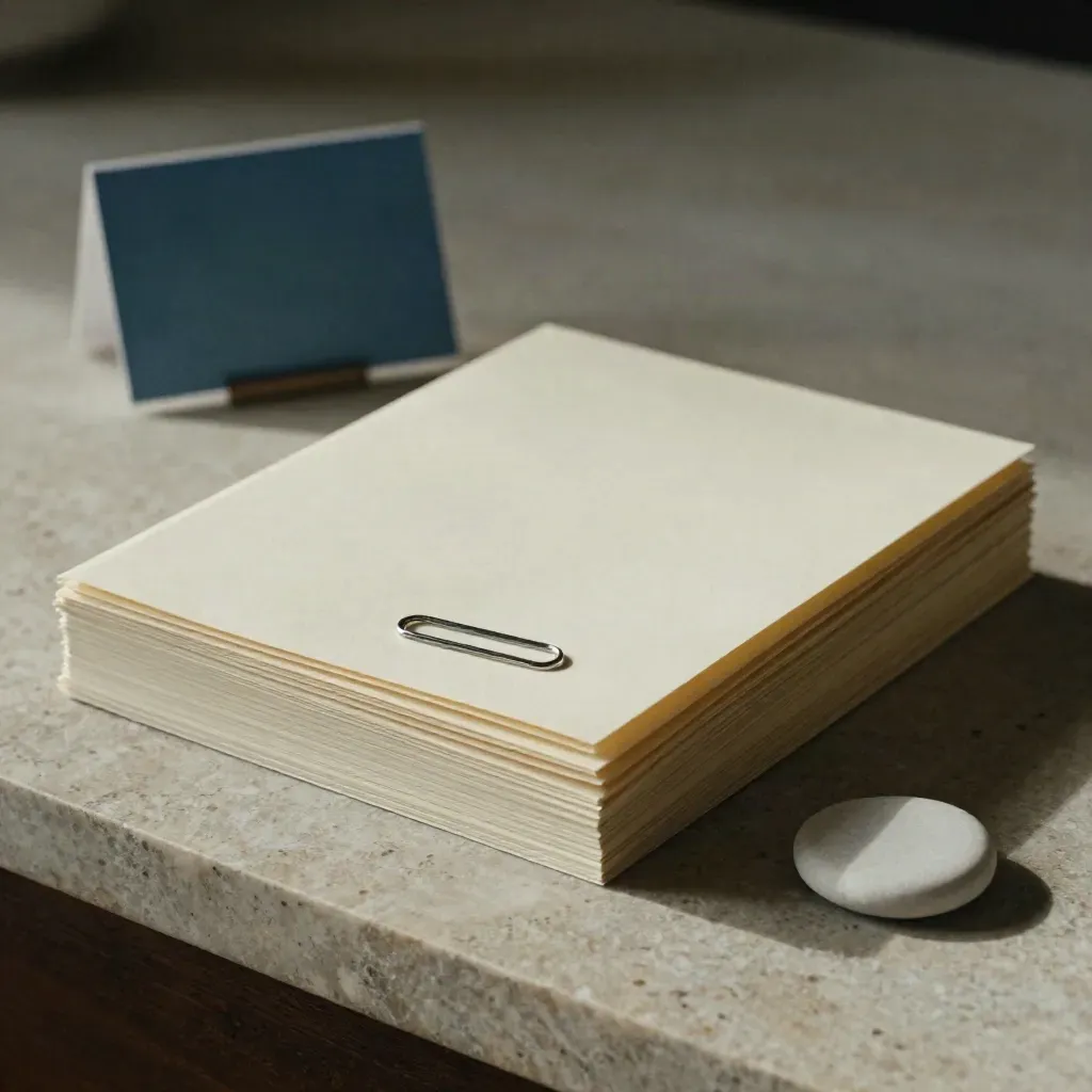 Samenvattingsmapjes met paperclip en kaartsteen op kalksteen, in zacht zijlicht.