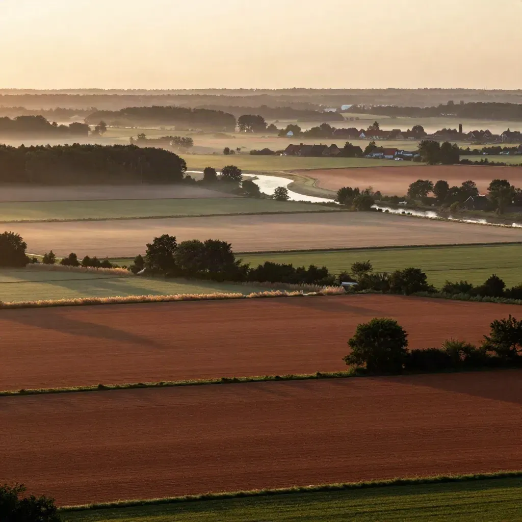 Brabants-Gelders landschap met akkers, bosranden en een rivierbocht in warm avondlicht