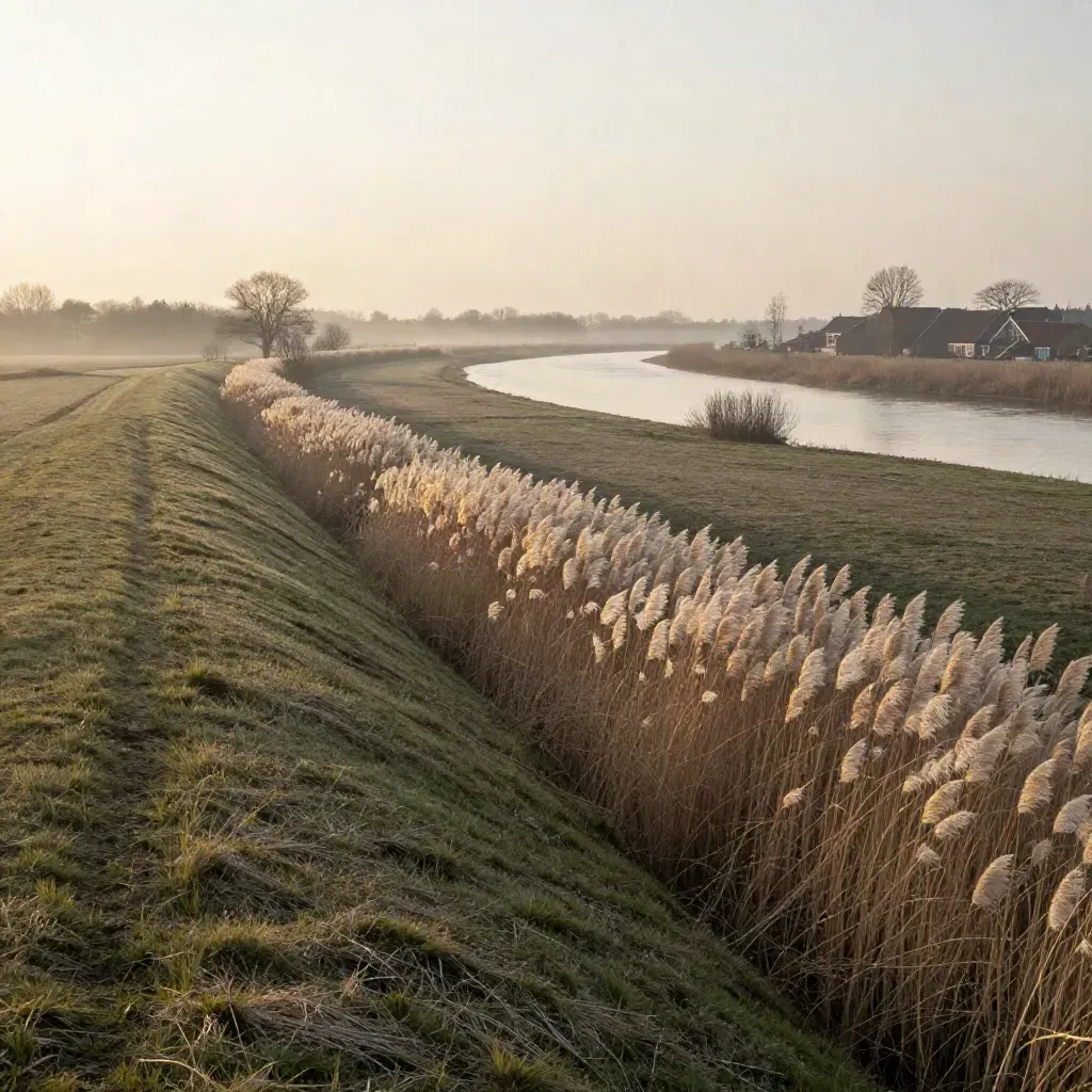 Rivierlandschap in Midden-Nederland met dijk, riet en dorpsrand in ochtendmist