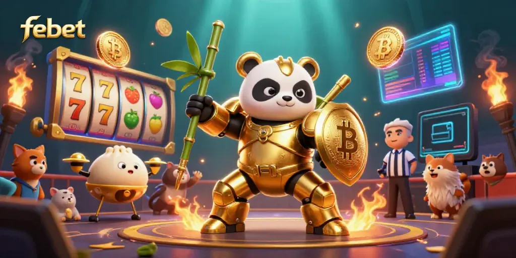 Experience thrilling action with febet's exciting mech-suit panda in a dynamic casino arena.