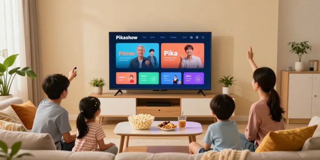 Family enjoying movie night with pika show apk on TV in a cozy living room.