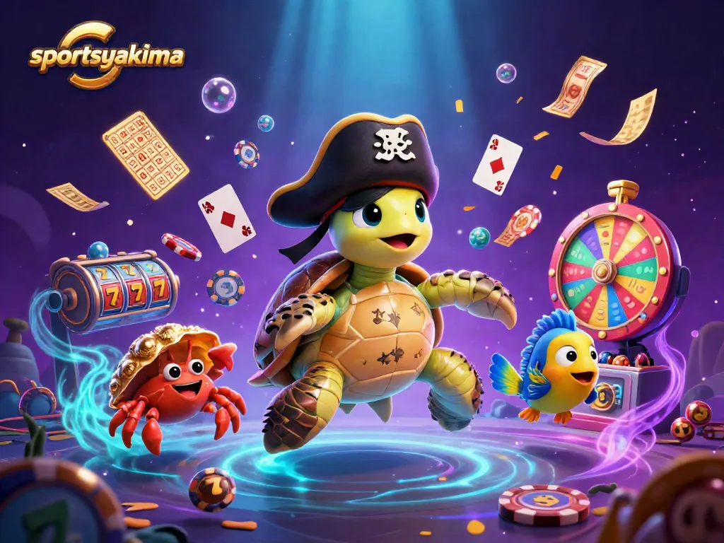 Experience sportsyakima with exciting casino elements like poker cards and slot reels in an engaging 3D underwater scene.