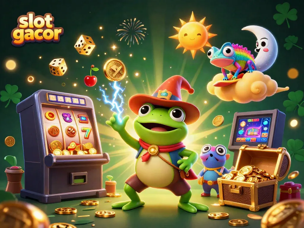Experience the thrill of slot gacor as a wizard frog conjures coins amid animated casino elements.