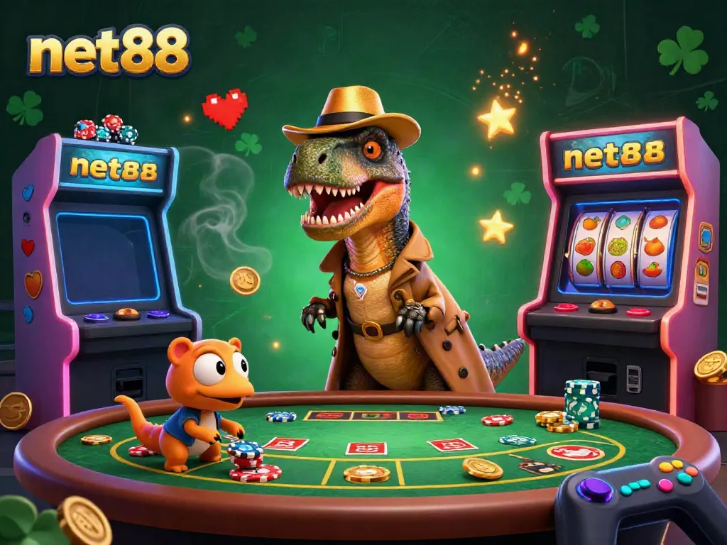 Experience the thrill of net88 with a velociraptor card counter at a blackjack table amid dynamic casino elements.
