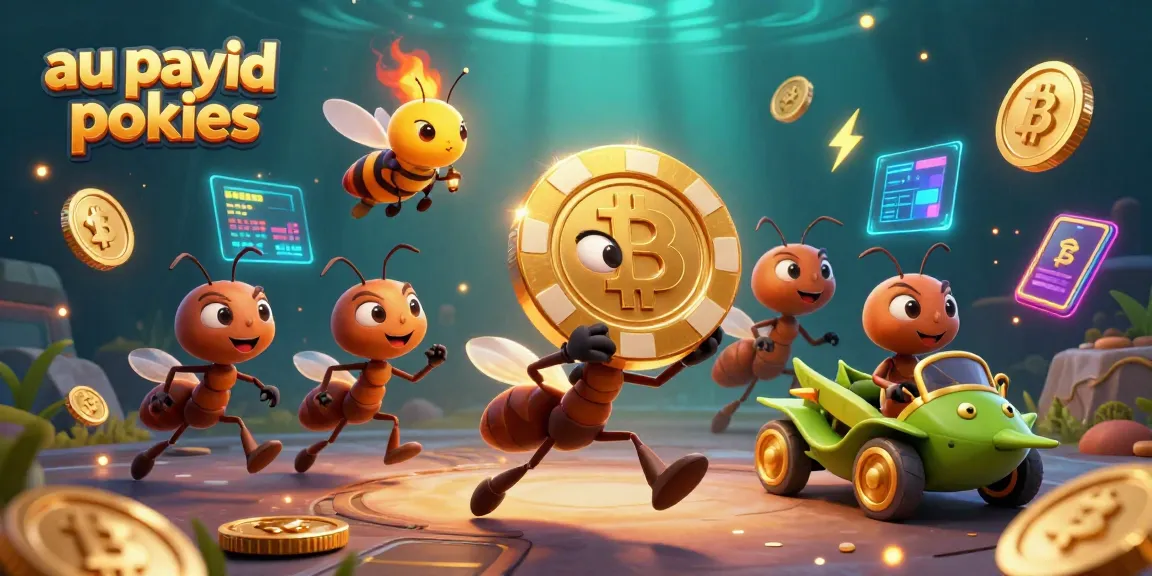 Engage with au payid pokies as ants stealthily carry a giant poker chip, showcasing thrilling casino action.