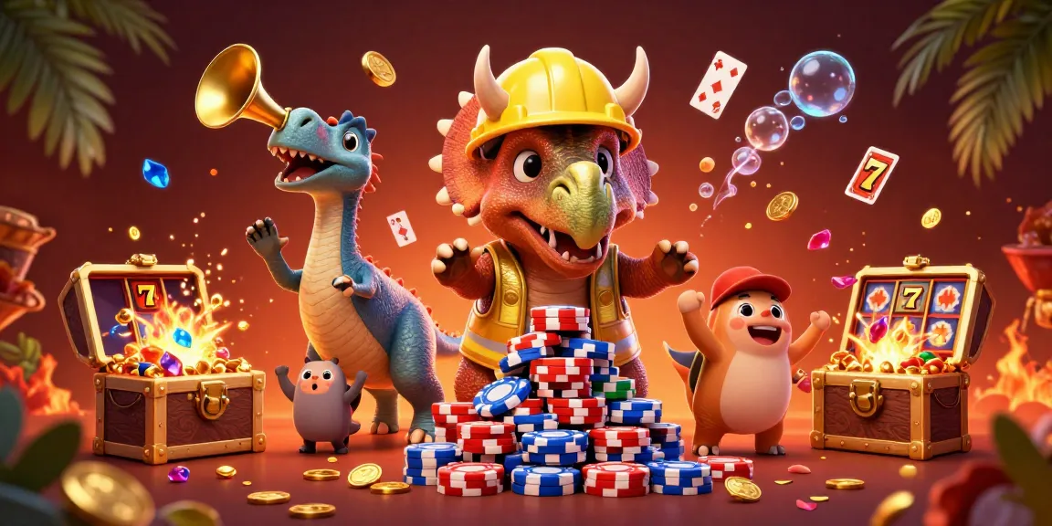 Play thrilling games at fb88 as a triceratops builds poker chip pyramid in a casino-themed ocean.