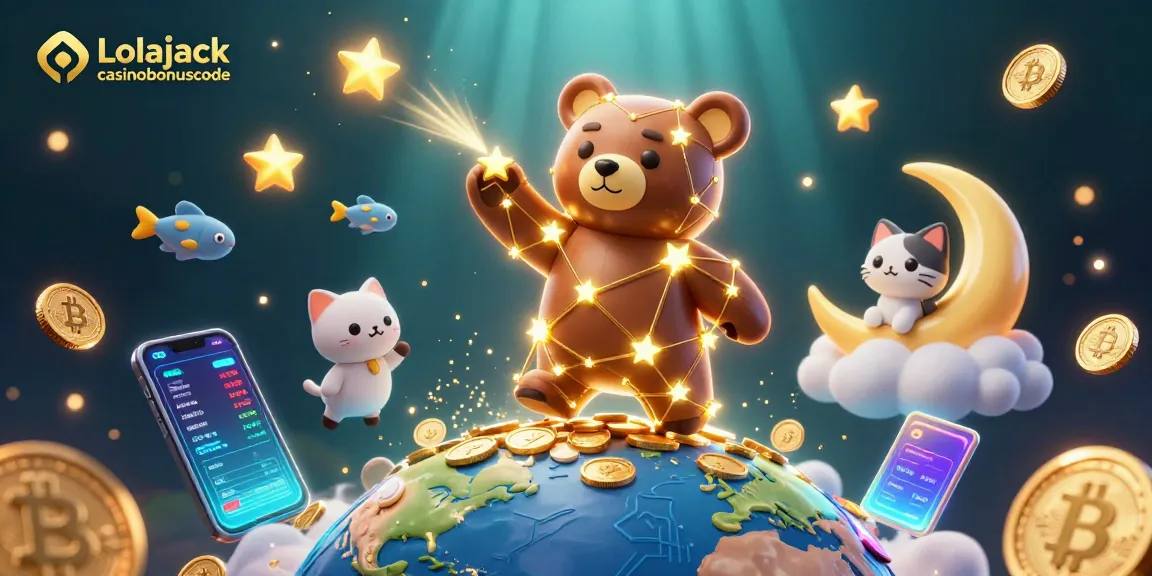 Experience the magic of winning with Lolajack casinobonuscode, featuring a starry bear and vibrant crypto elements.