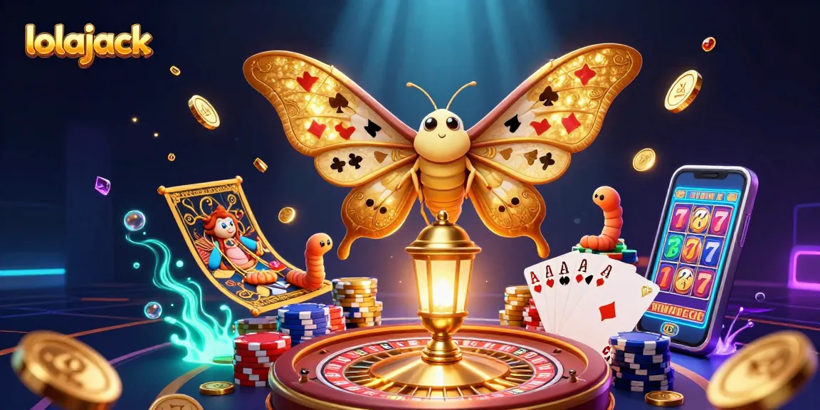 Experience lolajack's vibrant casino magic with a dazzling moth amidst golden coins and games.