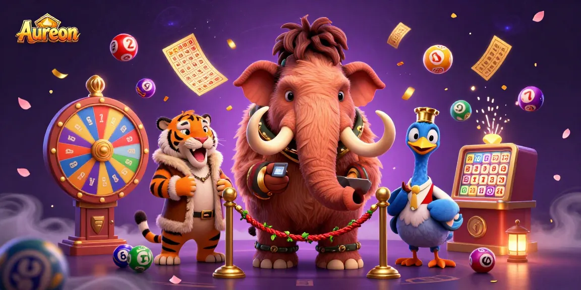 Aureon Casino features a vibrant scene with colorful lottery elements and characters in a fun casino setting.