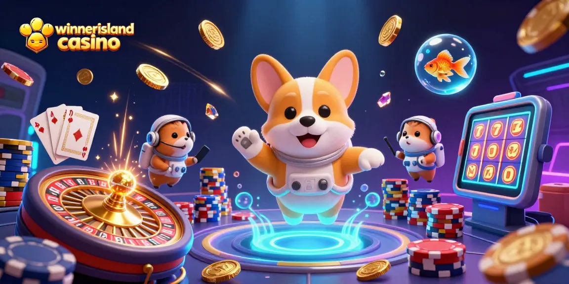Experience gaming action at winnerislandcasino with a floating corgi in a vibrant casino scene.