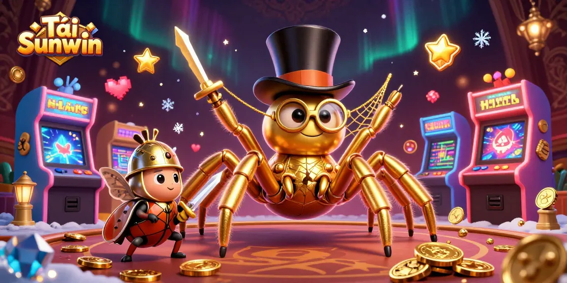 Tải Sunwin with a giant tarantula weaving gold web while a beetle knight approaches, amidst vibrant casino elements.